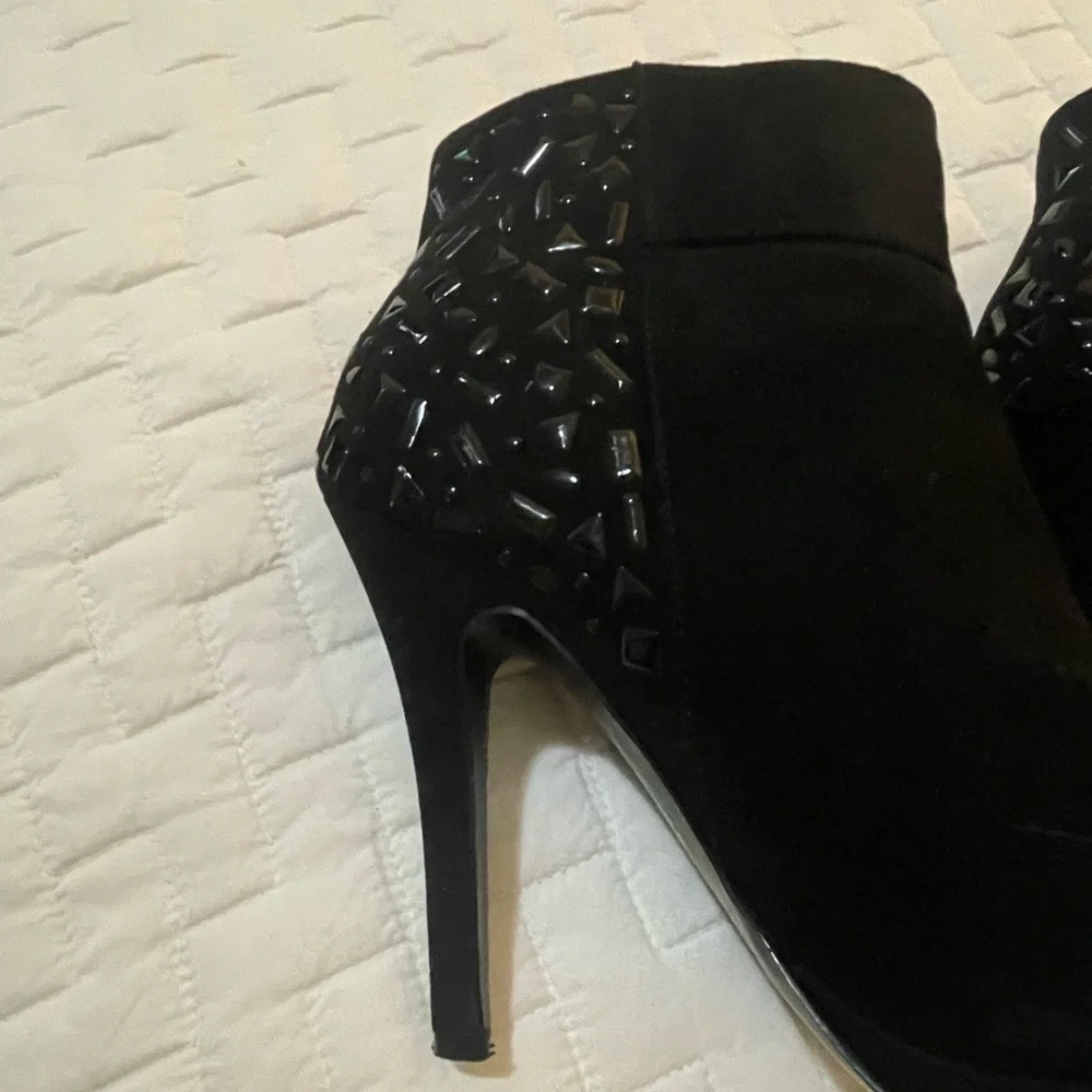 Nina Black Suede Ankle Booties with Embellished Heel